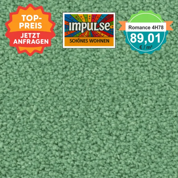 Teppichmuster mit Label „Impulse WOLFSBURG“ und Badge „Romance 4H78 – 89,91 €/m²“